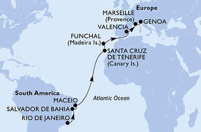 Itinerariu Croaziera  Transatlantic Rio de Janeiro spre Genova - MSC Cruises - MSC Seaside - 16 nopti