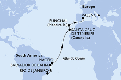 Itinerariu Croaziera  Transatlantic Rio de Janeiro spre Valencia - MSC Cruises - MSC Seaside - 14 nopti