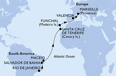 Itinerariu Croaziera  Transatlantic Rio de Janeiro spre Marsilia - MSC Cruises - MSC Seaside - 15 nopti