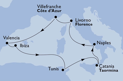 Itinerariu Croaziera  Mediterana de Vest - MSC Cruises - MSC Orchestra - 7 nopti
