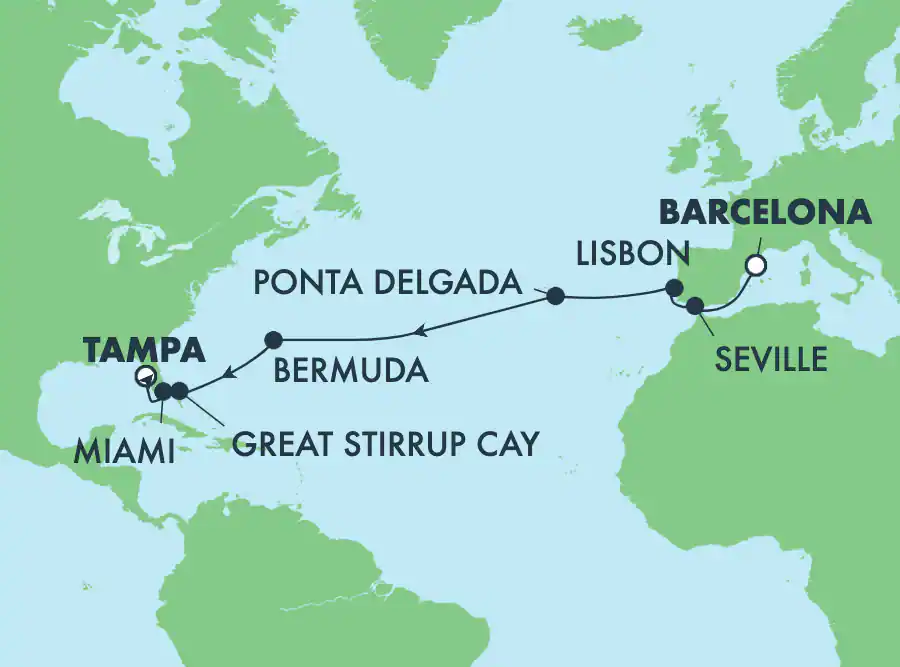 Itinerariu Croaziera Transatlantic Barcelona spre Tampa - Norwegian Cruise Line - Norwegian Dawn - 15 nopti