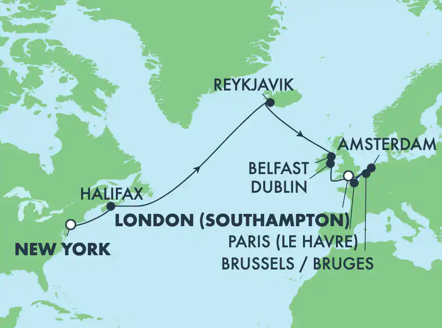Itinerariu Croaziera Transatlantic New York spre Southampton - Norwegian Cruise Line - Norwegian Dawn - 16 nopti