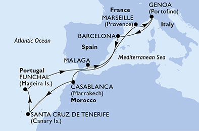 Itinerariu Croaziera Mediterana de Vest & Oc.Atlantic - MSC Cruises - MSC Divina - 11 nopti