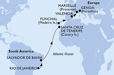 Itinerariu Croaziera Transatlantic Rio de Janeiro spre Genova - MSC Cruises - MSC Seashore - 15 nopti
