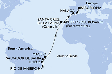 Itinerariu Croaziera Transatlantic Rio de Janeiro spre Barcelona - MSC Cruises - MSC Seaview - 16 nopti