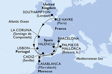 Itinerariu Croaziera Repozitionare Southampton spre Lisabona - MSC Cruises - MSC Virtuosa - 12 nopti
