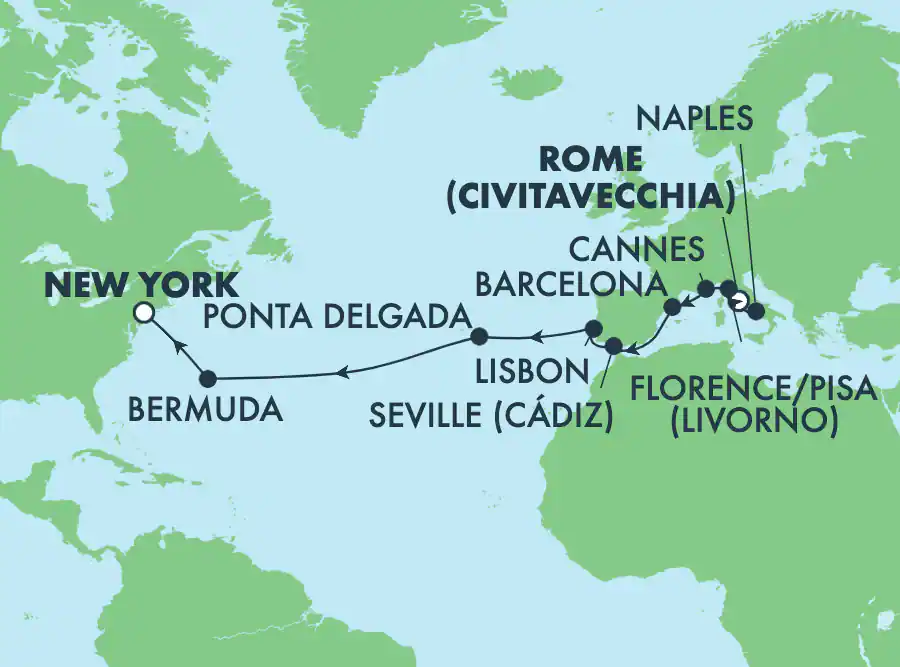 Itinerariu Croaziera Transatlantic Roma spre New York - Norwegian Cruise Line - Norwegian Breakaway - 16 nopti