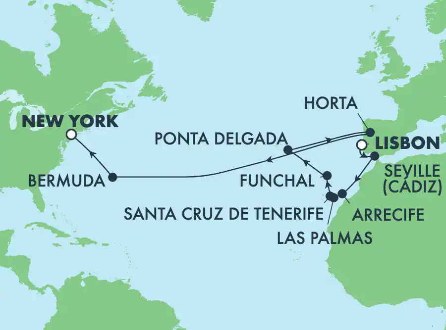 Itinerariu Croaziera Transatlantic Lisabona spre New York - Norwegian Cruise Line - Norwegian Sun - 16 nopti