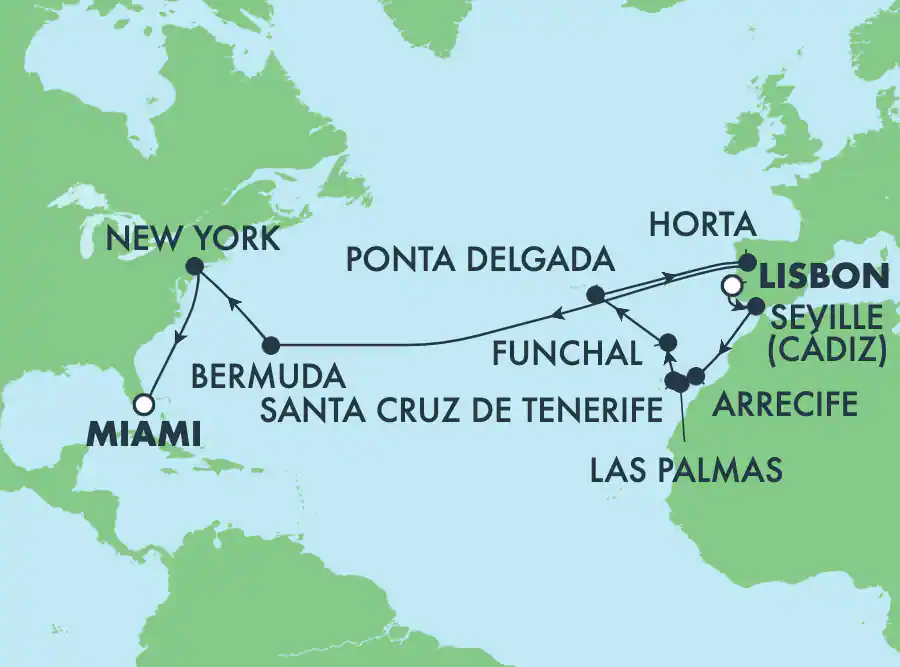 Itinerariu Croaziera Transatlantic Lisabona spre Miami - Norwegian Cruise Line - Norwegian Sun - 19 nopti