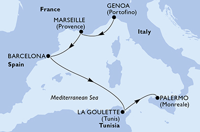Itinerariu Croaziera Mediterana de Vest - MSC Cruises - MSC Grandiosa - 5 nopti