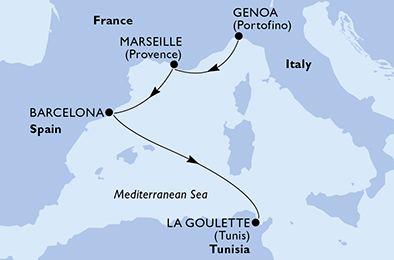 Itinerariu Croaziera Mediterana de Vest - MSC Cruises - MSC Grandiosa - 4 nopti