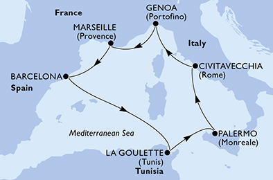 Itinerariu Croaziera Mediterana de Vest - MSC Cruises - MSC Grandiosa - 7 nopti