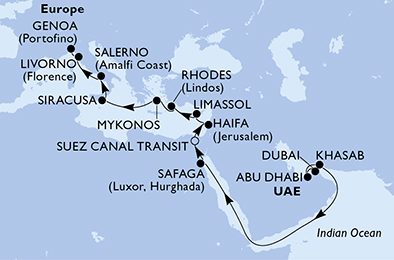 Itinerariu Croaziera Repozitionare Dubai spre Genova - MSC Cruises - MSC Opera - 21 nopti