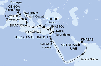 Itinerariu Croaziera Repozitionare Abu Dhabi spre Genova - MSC Cruises - MSC Opera - 19 nopti