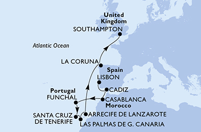 Itinerariu Croaziera Repozitionare Lisabona spre Southampton - MSC Cruises - MSC Virtuosa - 12 nopti