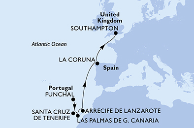 Itinerariu Croaziera Repozitionare Funchal spre Southampton - MSC Cruises - MSC Virtuosa - 8 nopti