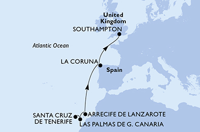 Itinerariu Croaziera Repozitionare Santa Cruz de Tenerife spre Southampton - MSC Cruises - MSC Virtuosa - 7 nopti
