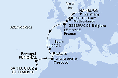 Itinerariu Croaziera Repozitionare Hamburg spre Santa Cruz de Tenerife - MSC Cruises - MSC Virtuosa - 12 nopti
