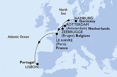 Itinerariu Croaziera Repozitionare Hamburg spre Lisabona - MSC Cruises - MSC Virtuosa - 7 nopti