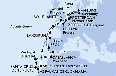 Itinerariu Croaziera Vestul Europei & Insulele Canare - MSC Cruises - MSC Virtuosa - 21 nopti