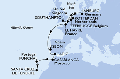 Itinerariu Croaziera Repozitionare Southampton spre Santa Cruz de Tenerife - MSC Cruises - MSC Virtuosa - 14 nopti