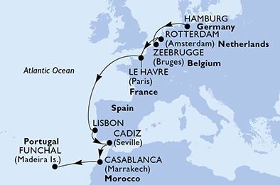 Itinerariu Croaziera Repozitionare Hamburg spre Funchal - MSC Cruises - MSC Virtuosa - 11 nopti