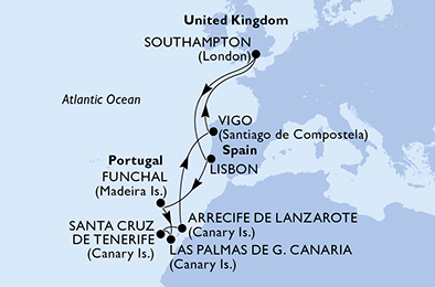 Itinerariu Croaziera Insulele Canare - MSC Cruises - MSC Virtuosa - 12 nopti
