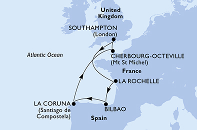 Itinerariu Croaziera Vestul Europei - MSC Cruises - MSC Virtuosa - 7 nopti