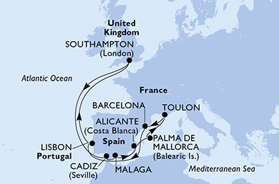 Itinerariu Croaziera Mediterana de Vest & Oc.Atlantic - MSC Cruises - MSC Virtuosa - 14 nopti