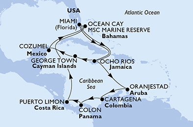 Itinerariu Croaziera Caraibe & Bahamas - MSC Cruises - MSC Divina - 18 nopti