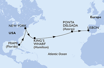 Itinerariu Croaziera Transatlantic Miami spre Lisabona - MSC Cruises - MSC Divina - 15 nopti