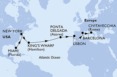 Itinerariu Croaziera Transatlantic Miami spre Roma - MSC Cruises - MSC Divina - 19 nopti