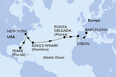 Itinerariu Croaziera Transatlantic Miami spre Barcelona - MSC Cruises - MSC Divina - 17 nopti