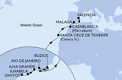 Itinerariu Croaziera Transatlantic Santos spre Valencia - MSC Cruises - MSC Grandiosa - 19 nopti