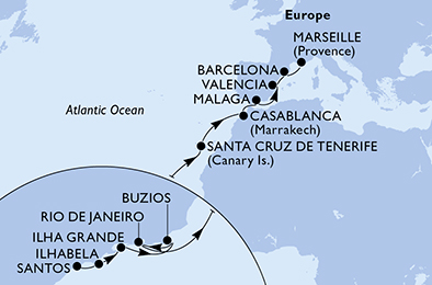Itinerariu Croaziera Transatlantic Santos spre Marsilia - MSC Cruises - MSC Grandiosa - 21 nopti