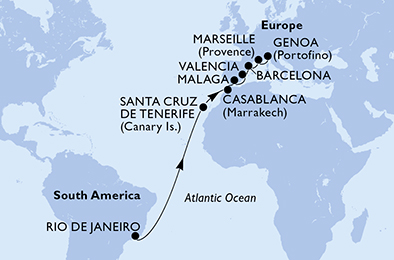 Itinerariu Croaziera Transatlantic Rio de Janeiro spre Genova - MSC Cruises - MSC Grandiosa - 18 nopti