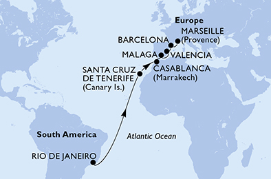 Itinerariu Croaziera Transatlantic Rio de Janeiro spre Marsilia - MSC Cruises - MSC Grandiosa - 17 nopti
