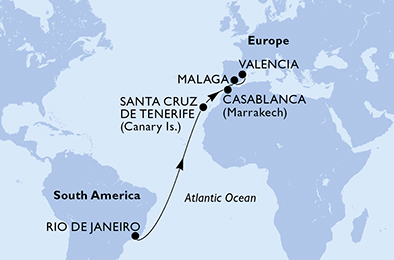 Itinerariu Croaziera Transatlantic Rio de Janeiro spre Valencia - MSC Cruises - MSC Grandiosa - 15 nopti