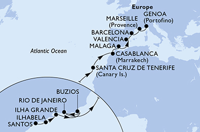 Itinerariu Croaziera Transatlantic Santos spre Genova - MSC Cruises - MSC Grandiosa - 22 nopti
