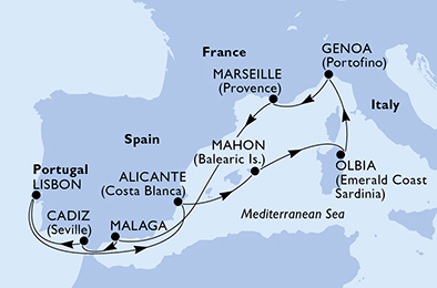 Itinerariu Croaziera Mediterana de Vest & Oc.Atlantic - MSC Cruises - MSC Orchestra - 10 nopti