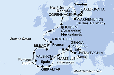 Itinerariu Croaziera Repozitionare Copenhaga spre Roma - MSC Cruises - MSC Poesia - 16 nopti
