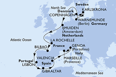 Itinerariu Croaziera Repozitionare Copenhaga spre Marsilia - MSC Cruises - MSC Poesia - 15 nopti