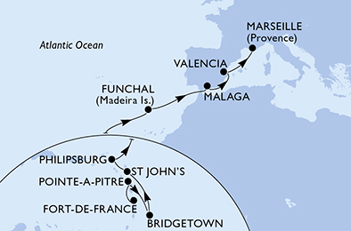 Itinerariu Croaziera Transatlantic Fort de France spre Marsilia - MSC Cruises - MSC Seaside - 16 nopti