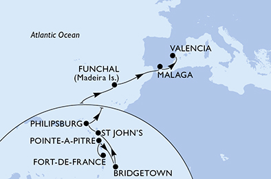 Itinerariu Croaziera Transatlantic Fort de France spre Valencia - MSC Cruises - MSC Seaside - 15 nopti