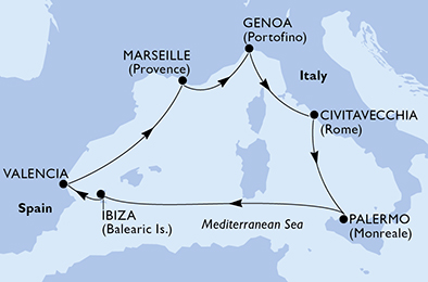 Itinerariu Croaziera Mediterana de Vest - MSC Cruises - MSC Seaside - 7 nopti