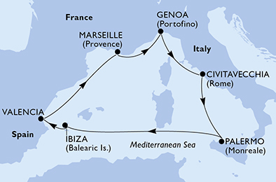 Itinerariu Croaziera Mediterana de Vest - MSC Cruises - MSC Seaside - 7 nopti