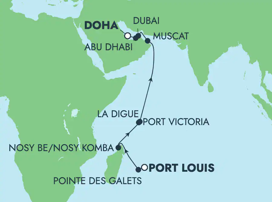 Itinerariu Croaziera Repozitionare Port Louis spre Doha - Norwegian Cruise Line - Norwegian Dawn - 14 nopti