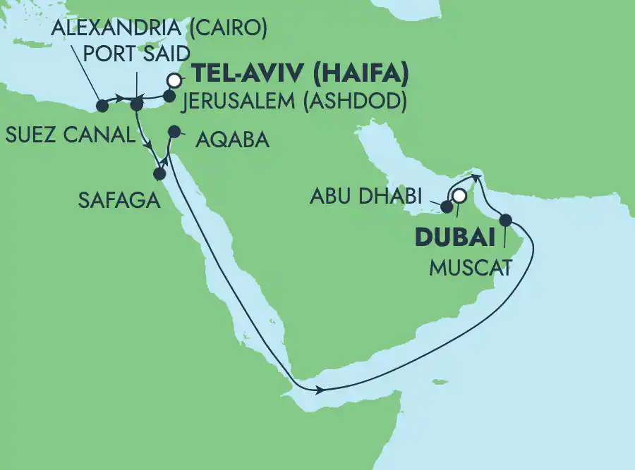 Itinerariu Croaziera Repozitionare Haifa spre Dubai - Norwegian Cruise Line - Norwegian Dawn - 16 nopti