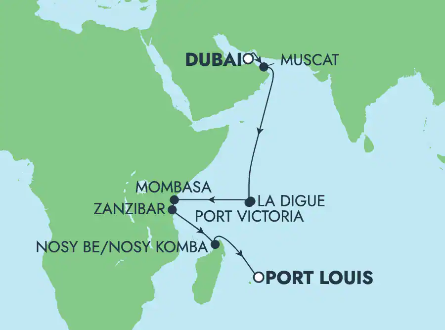 Itinerariu Croaziera Repozitionare Dubai spre Port Louis - Norwegian Cruise Line - Norwegian Dawn - 16 nopti