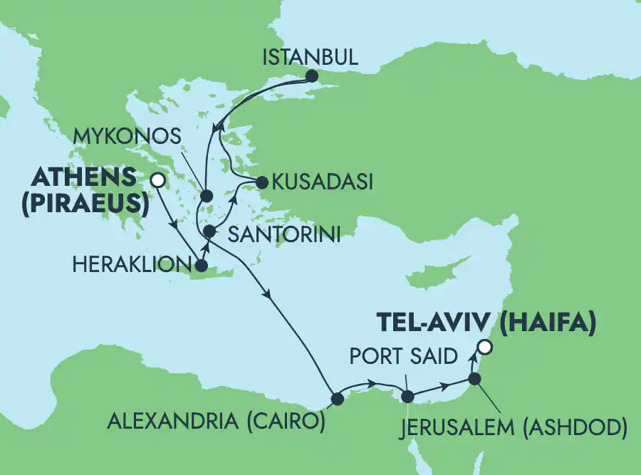 Itinerariu Croaziera Mediterana de Est & Pamantul Sfant - Norwegian Cruise Line - Norwegian Dawn - 10 nopti